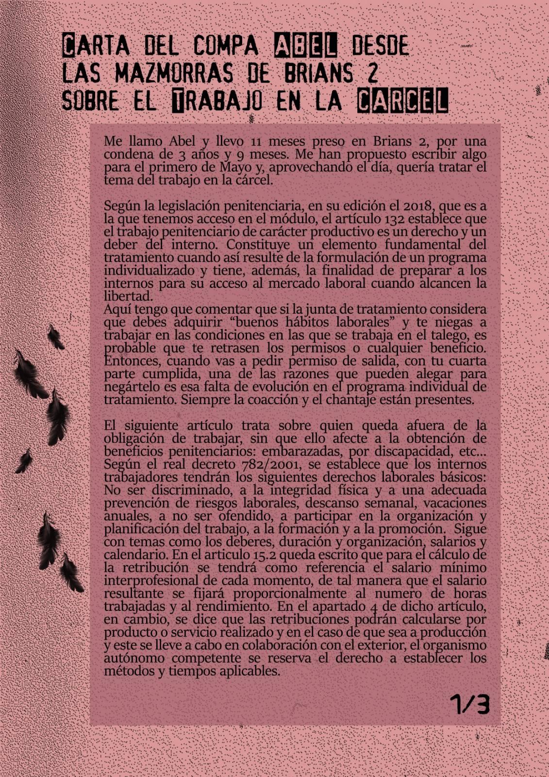 Carta del compa Abel desde las mazmorras de Brians 2 sobre el trabajo en la cárcel